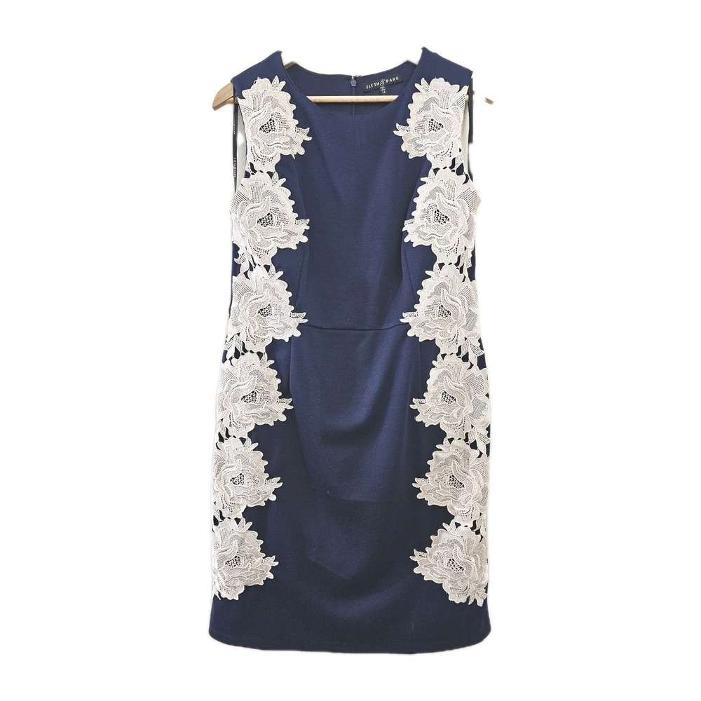 Fifth & Park Women's Dress 14 Blue Cream Sleeveless Sheath Cocktail Contemporary
